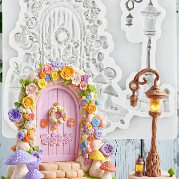 Fairy garden door silicone mold with street lamp design for fondant cake and polymer clay crafts
