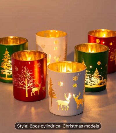 Christmas mercury glass candle holders with carved festive designs for holiday home décor