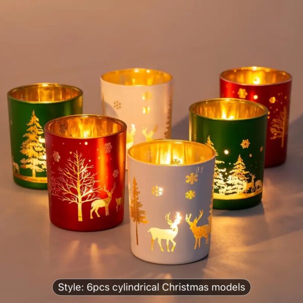Christmas mercury glass candle holders with carved festive designs for holiday home décor