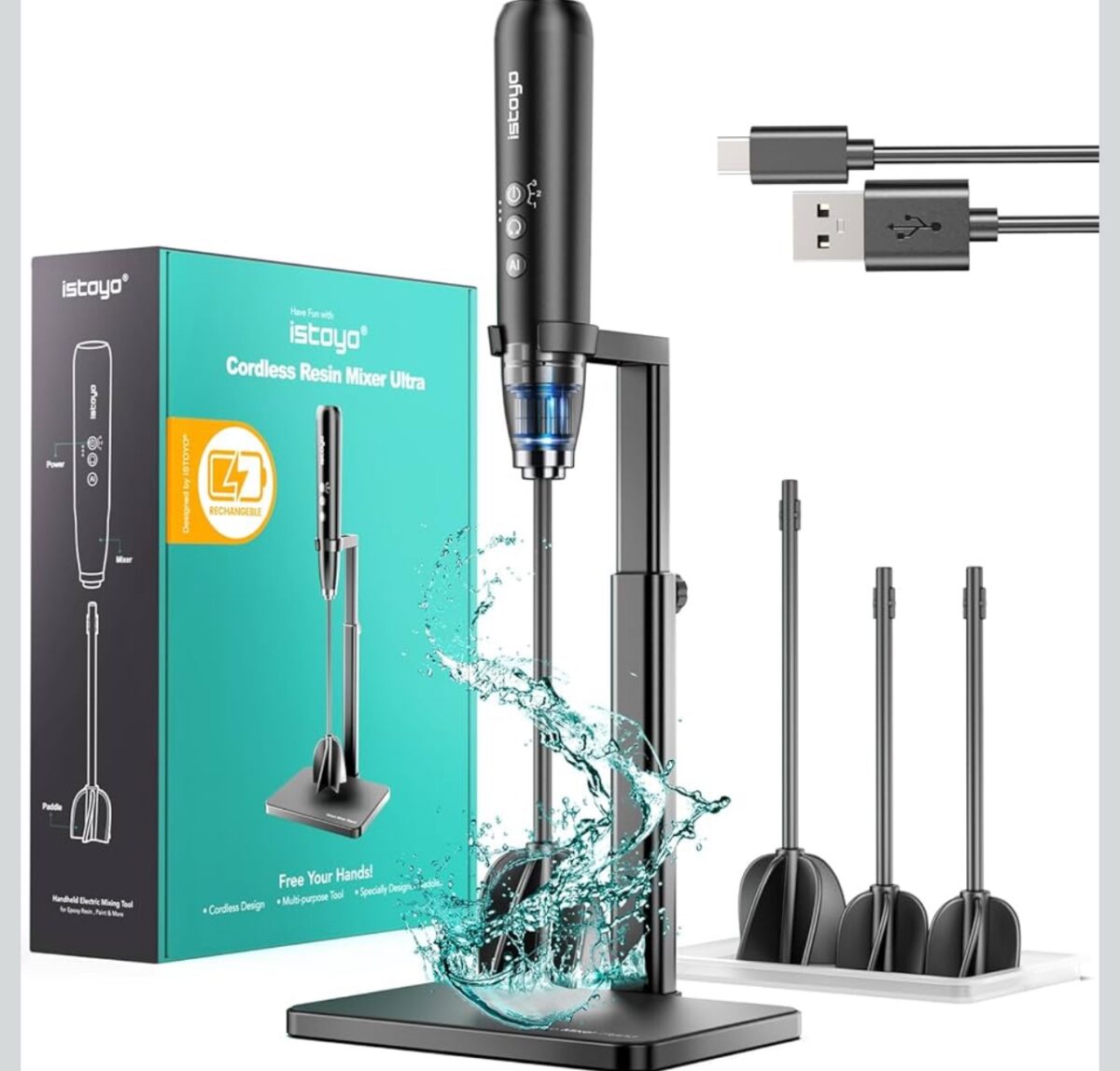 Professional cordless resin mixer with rechargeable design and multiple mixing paddles for DIY resin crafts Professional cordless resin mixer with rechargeable design and multiple mixing paddles for DIY resin crafts