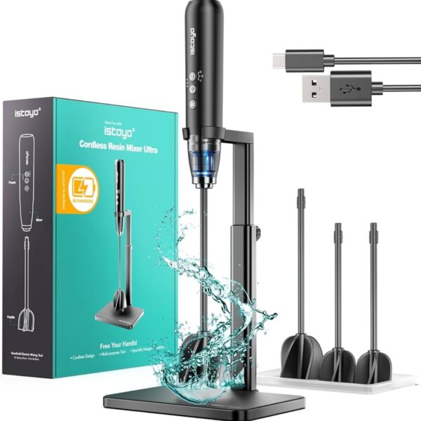 Professional cordless resin mixer with rechargeable design and multiple mixing paddles for DIY resin crafts