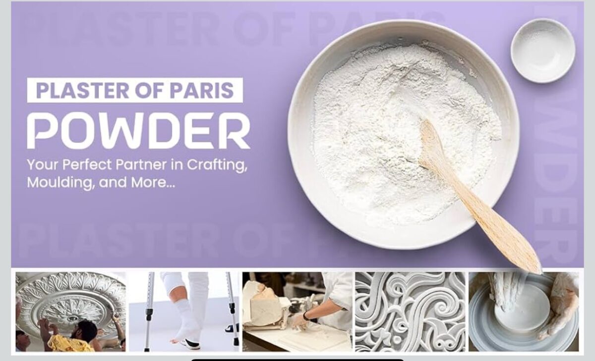 Plaster of paris powder for crafts in bright white gypsum, ideal for molding, casting, pottery, and DIY repair projects.