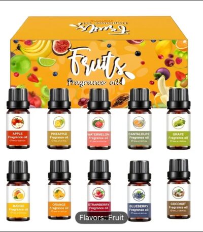 Premium fruity fragrance oil set for candle making with coconut, strawberry, mango, and pineapple scents