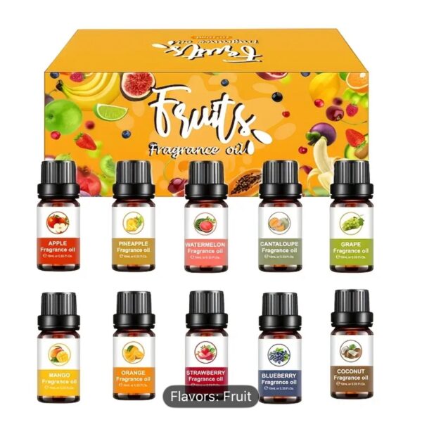 Premium fruity fragrance oil set for candle making with coconut, strawberry, mango, and pineapple scents