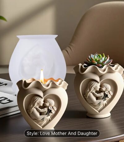 Elegant heart-shaped silicone mold with mother and child relief design for candle and resin crafts