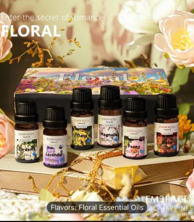 Elegant floral essential oils gift set with rose, lavender, ylang-ylang and magnolia fragrances