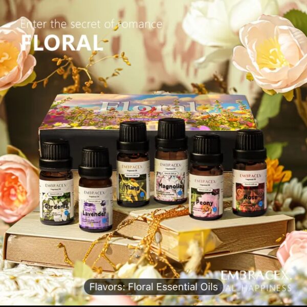 Elegant floral essential oils gift set with rose, lavender, ylang-ylang and magnolia fragrances
