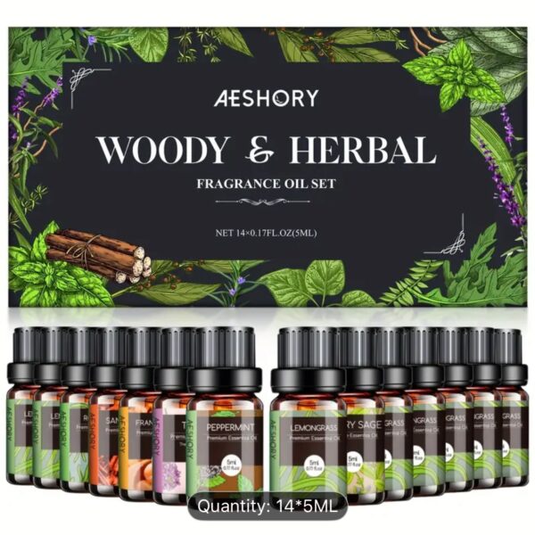Ultimate woody and herbal essential oils set with 14 fragrance oils for diffuser and candle making